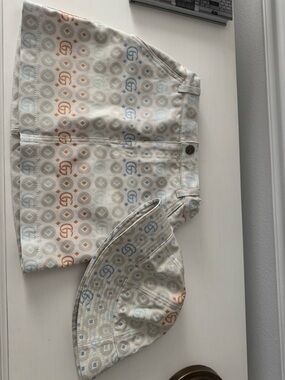 Gucci Cream Bucket Hat and skirt set with Blue Monogram